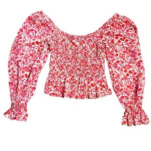 Lucy Paris Alora smocked bodice top. Pink, orange floral print. Size Small
